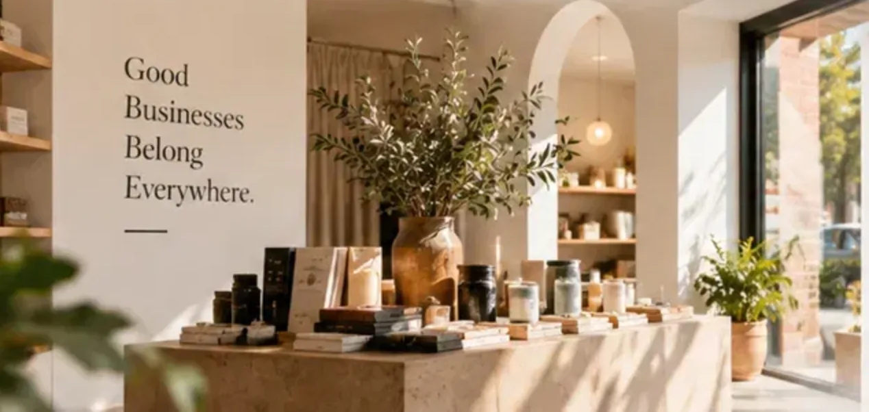 A sunlit shop interior with a display counter of local goods